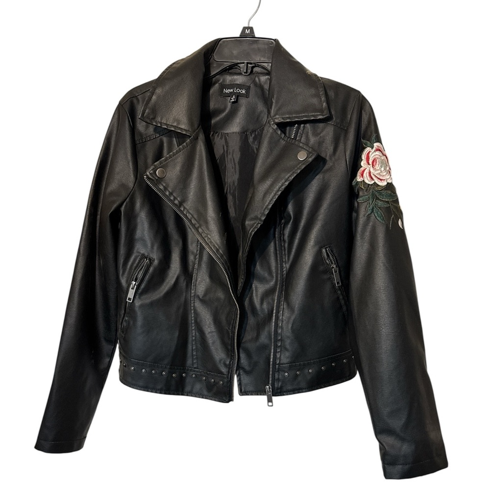 New Look Black Leather Jacket with Pink Floral Detail Size Small